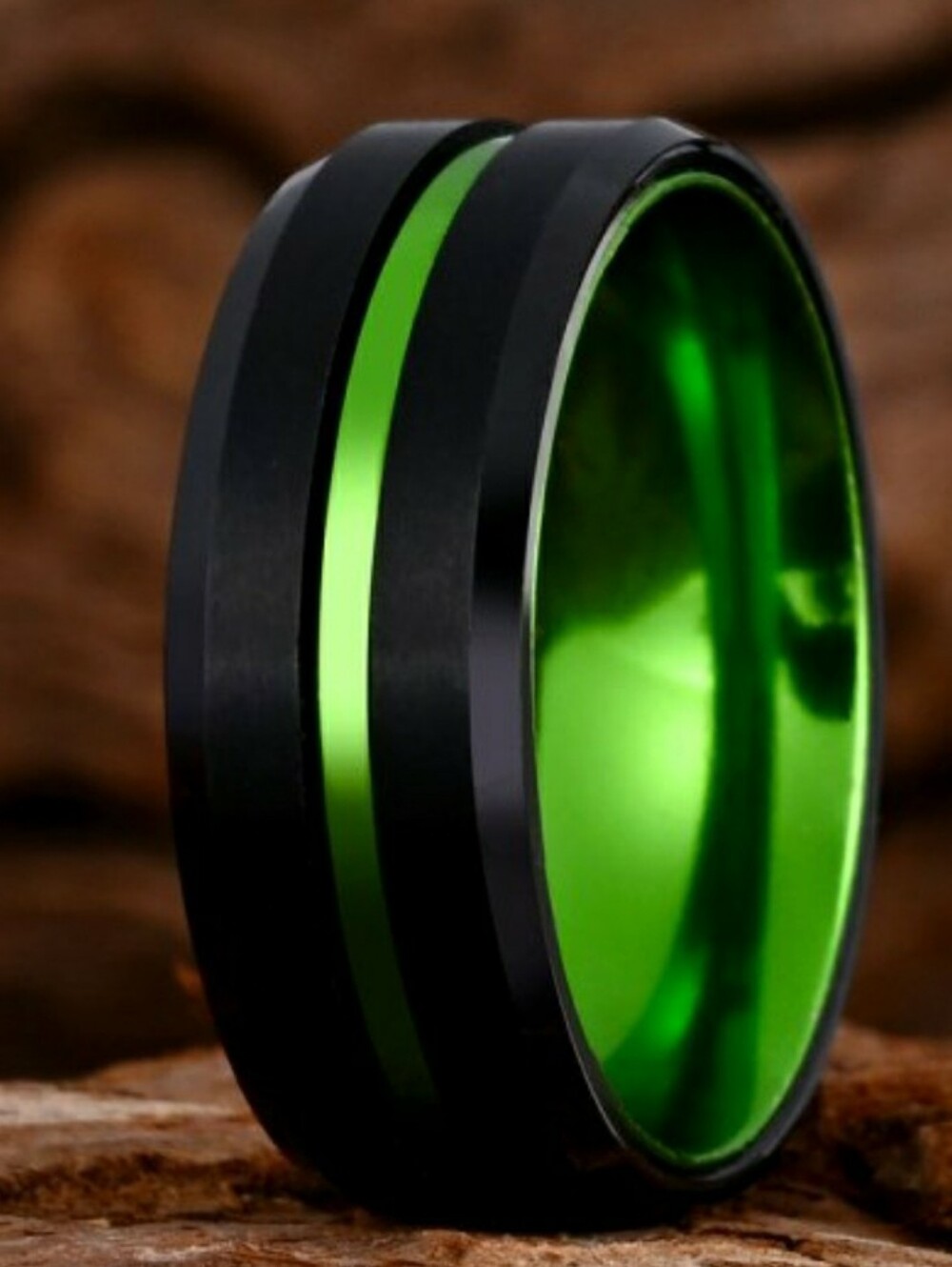 Black Tungsten Carbide With Thin Green Inlay Wedding Band Ring Men's Size 10.